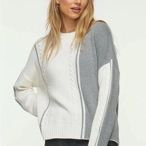 Women's Two-Tone Cable Crewneck Sweater in White and Gray